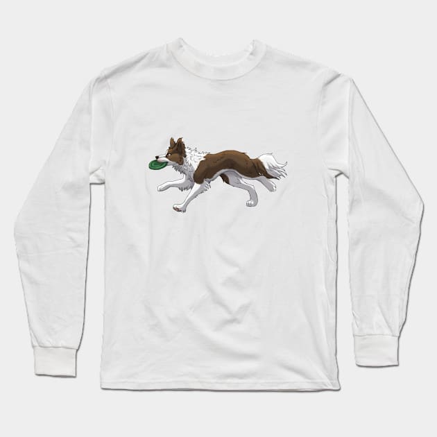 Running Brown Border Collie with Frisbee Long Sleeve T-Shirt by Bamsdrawz